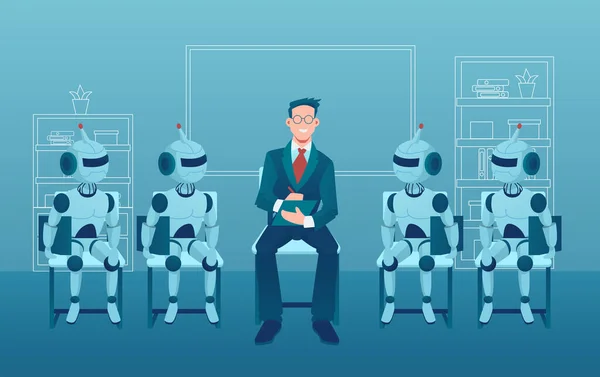 Conceito Humano Robôs Vetor Empresário Candidato Emprego Competindo Com Robôs — Vetor de Stock