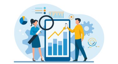 Finansal grafikleri analiz eden bir erkek ve kadının dijital veri raporunu okuyan vektörü 