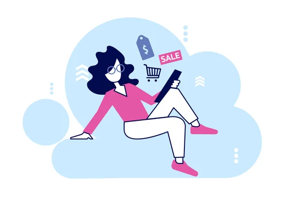 Nternetten Alışveriş Yapan Genç Bir Kadının Vektörü Iyi Fiyatları Arıyor — Stok Vektör