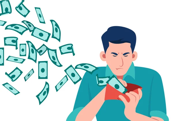 Vecteur Homme Triste Regardant Son Portefeuille Avec Des Billets Dollars — Image vectorielle