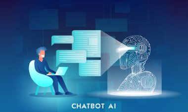 Bilgisayarlı bir adamın yapay zeka sohbet robotuyla konuşması. 