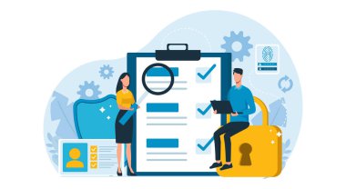 Bir işadamı ve bir kadının vektörü yeni bir sözleşmeyi gözden geçiriyor 