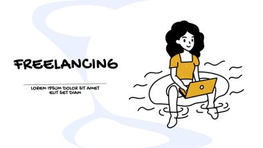 Dizüstü bilgisayarda çalışan genç ve mutlu bir kadının vektörü. 