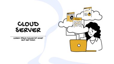 Bulut sunucusu ve veri yedekleme konsepti. Bulut hizmetlerini kullanarak dizüstü bilgisayarda çalışan genç bir kadının vektörü 