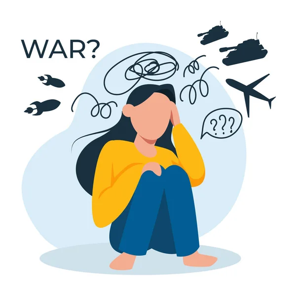 Vector Stressed Anxious Young Woman War Zone — Stock Vector