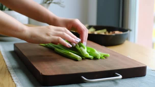 绿洋葱 新鲜有机葱烹调 湿生叶沙拉 健康素食理念 高质量的4K镜头 — 图库视频影像