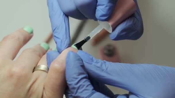 美容师擦亮指甲 指甲艺术大师用凝胶抛光和刷子刷指甲 指甲水疗特写的指甲护理过程 — 图库视频影像
