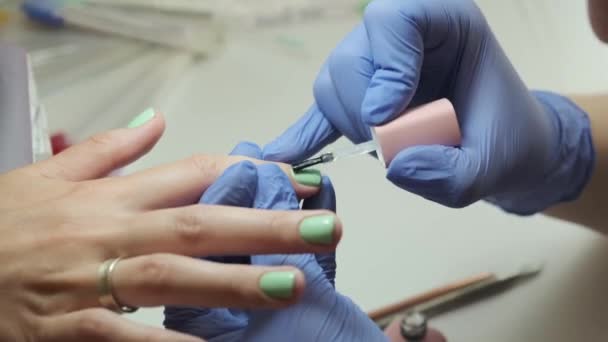 Руки Маникюром Профессиональный Маникюр Окрашивает Ногти Гелевым Лаком Инструментом Кисти — стоковое видео