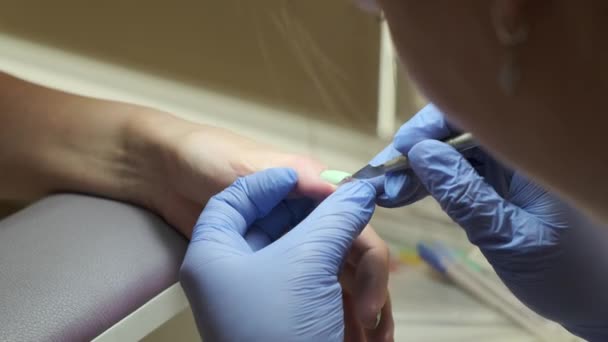 美容师用工具和抛光处理客户 美容院的美容美发服务 指甲美容院治疗 指甲护理特写过程 — 图库视频影像