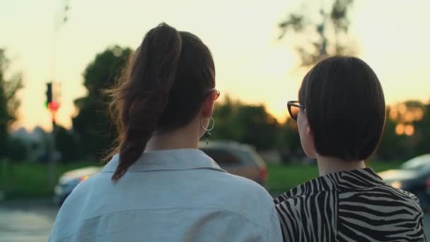 Boldog Lányok Beszélgetnek Séta Közben Barátok Élvezik Szabadidejüket Beszélgetnek Egymással — Stock videók