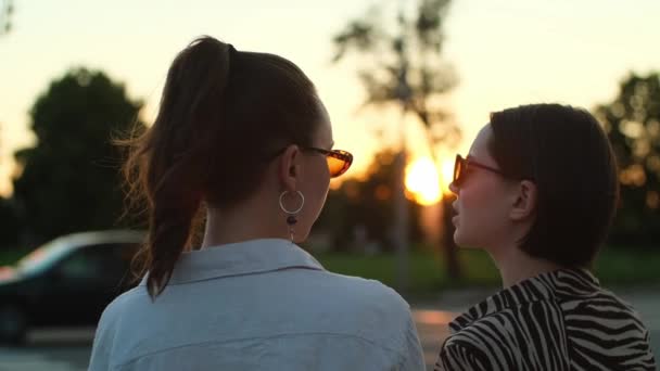 Chicas Felices Conversando Durante Paseo Amigos Disfrutando Tiempo Libre Hablando — Vídeo de stock