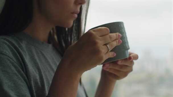 Женщина Наслаждается Чашкой Кофе Окна Привлекательная Женщина Отдыхает Дома Пьет — стоковое видео