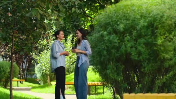 Female Friends Talking Outdoors Two Young Women Having Conversation Park — Stock Video