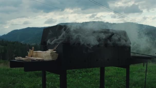 Barbecue Avec Bois Chauffage Sur Fond Montagnes Grill Vapeur Fermé — Video