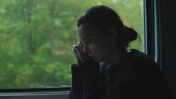 悲しい女性が列車の窓に座っている コンパートメント車で一人で旅行する高価な女の子 電車窓からの自然景色を眺めることができます 高品質の4K映像 — ストック動画