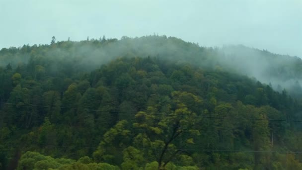 Вид Гори Вікном Поїзда Гірські Вершини Ранковому Тумані Пасажирський Потяг — стокове відео
