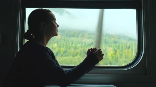 Νεαρή Γυναίκα Στο Τρένο Χαρούμενη Γυναίκα Περιπλανώμενη Κοιτάζοντας Βουνά Μέσα — Αρχείο Βίντεο