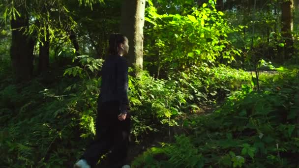 Senderista Disfrutando Caminar Madera Mujer Caminando Trepando Bosque Con Árboles — Vídeo de stock