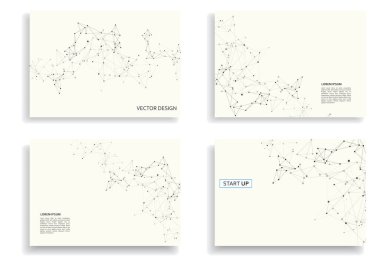 Broşür kapağı için A4 boyutunda modern vektör şablonları. Birbirine bağlı çizgiler ve noktalarla soyut geometrik arkaplan. İşiniz için teknoloji tasarımı.