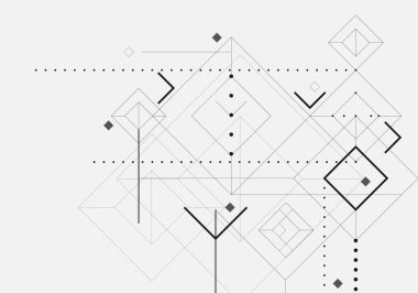 Beyaz arka plan, çizgiler, noktalar, kareler ve güzel desenlerle birleşen daireler. Teknolojik projeleriniz için..