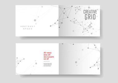 Broşür, broşür, broşür ve kitapçık için vektör düzeni. Noktalar ve çizgiler arasındaki soyut teknoloji. Bilim geçmişi. Dijital veri.