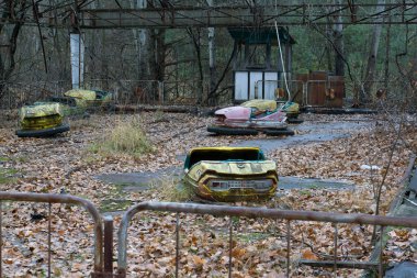 Pripyat paslı ve Çernobil Nükleer Afet Yasaklama Bölgesi 'ndeki lunaparkın içindeki çarpışan arabaları yok etti.