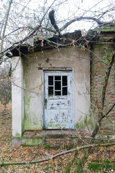 Старая Деревянная Белая Дверь Входа Дом Зоне Отчуждения Чернобыльской Аэс — стоковое фото