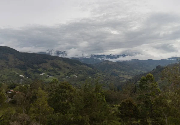 背景に曇り空の雲山の森の風景 — ストック写真