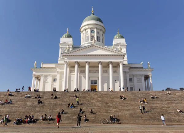 stock image Helsinki national lutheran cathedral with tourist at stairways located at senate square in sunny day