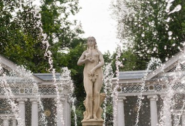Venüs mermer heykel tarzı barok çeşmeler ve arka planda ağaçlar ile Peterhof Sarayı içinde