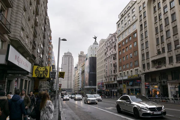 Beroemd Centrum Avenue Verkeer Bekend Als Oma Madrid Spanje — Stockfoto