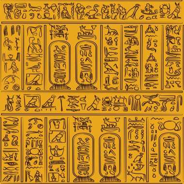Eski Mısır hiyerogliflerinin alfabe kalıpları siyah arkaplan üzerinde. Antik Mısırlı ve antik kültür kavramı