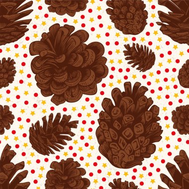 Güzel noel eli, sarı yıldızlı ve kırmızı noktalı çam kozalağı deseni çiziyor. 