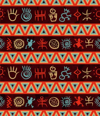 Arka planda koyu kırmızı mermer etkisi üzerinde renkli petroglifler bulunan çok renkli geometrik Güney Amerika yerlisi deseni