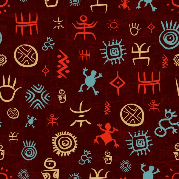 Petroglifos Indígenas Sudamericanos Autóctonos Multicolores Sobre Fondo Efecto Desgastado Rojo — Archivo Imágenes Vectoriales