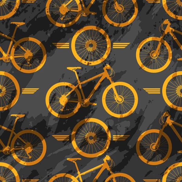 Goldenes Fahrrad Rad Und Mountainbike Nahtmuster Über Schwarzem Aquarell Effekt — Stockvektor