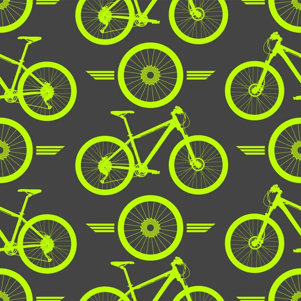 绿色自行车轮和山地自行车在灰色背景上的无缝图案 — 图库矢量图片