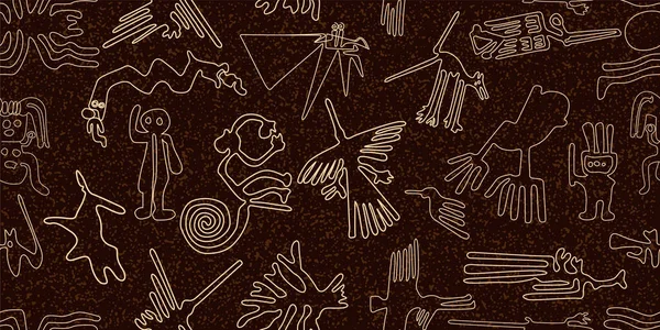 Peru 'nun dünyaca ünlü antik yerli Nazca çizgileri koyu kahverengi eskimiş arka planda pürüzsüz desen oluşturuyor.