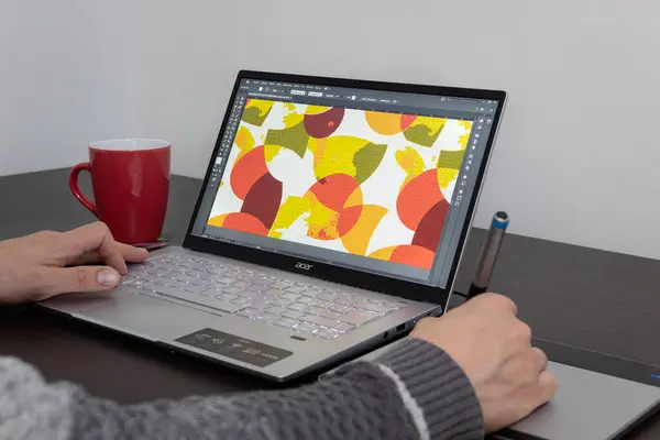 Wacom kalem tableti ile bir acer dizüstü bilgisayara grafiksel tasarımcı program arayüzüne yaklaş 