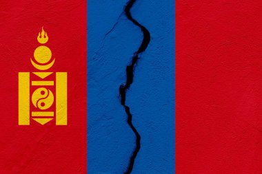 Moğolistan bayrağı bir grunge çatlağı duvarına saplandı. Jeopolitik ve doğal afet kavramı