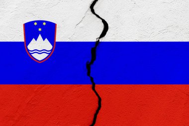 Slovenya Cumhuriyeti bayrağı, bir grunge çatlağı duvarına saplandı. Jeopolitik ve doğal afet kavramı
