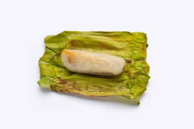 Grilled sticky rice in banana leaves with banana filling