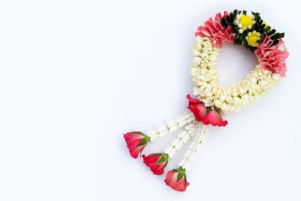 Jasmínová Girland Růží Květiny Bílém Pozadí — Stock fotografie