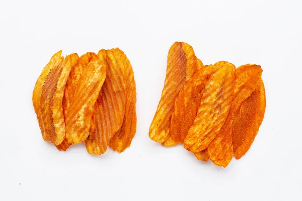 Kryddig Mellanmål Banana Slice Chips Paprika Smak Vit Bakgrund — Stockfoto