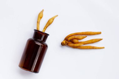 Beyaz arka planda parmak kökü ilaç şişesinde.