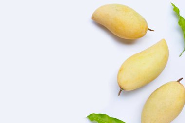 Tropik meyve, beyaz arka planda mango. Üst görünüm