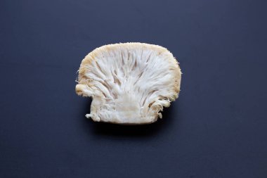 Fresh lion's mane mushroom on dark background.