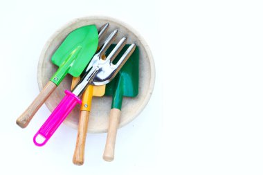 Garden shovel with fork on white background. Garden tools