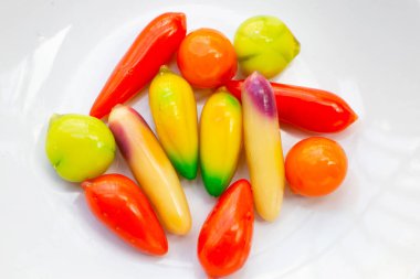 Fruit shaped of mung beans dessert (Kanom Look Choup). Thai Dessert