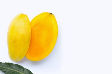 Tropik meyve, beyaz arka planda mango. Üst görünüm